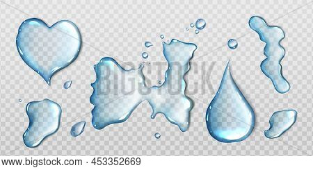 Water Spills Isolated On Transparent Background. Vector Realistic Set Of Liquid Puddles Different Sh