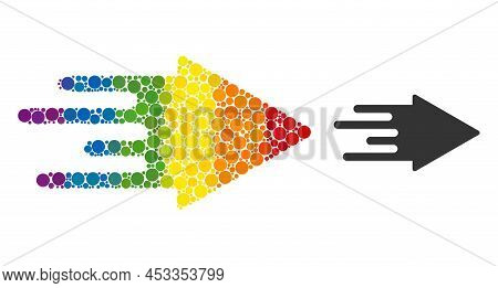 Quick Arrow Composition Icon Of Round Dots In Different Sizes And Spectrum Color Tones. A Dotted Lgb