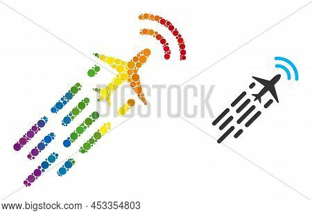 Supersonic Airplane Flight Mosaic Icon Of Circle Elements In Different Sizes And Spectrum Bright Col