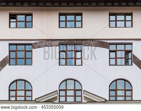 Several Windows In A Row On The Facade Of The Modern Urban Apartment Building Front View, Krasnaya P