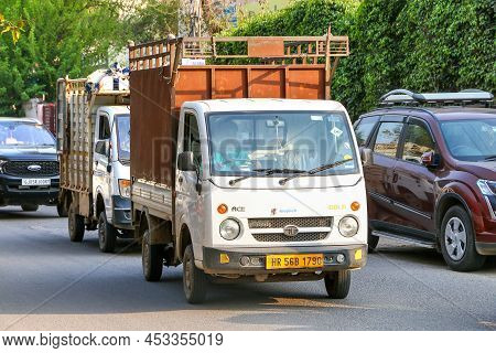 Gurgaon, India - March 3, 2022: Urban Minitruck Tata Ace Gold In A City Street.