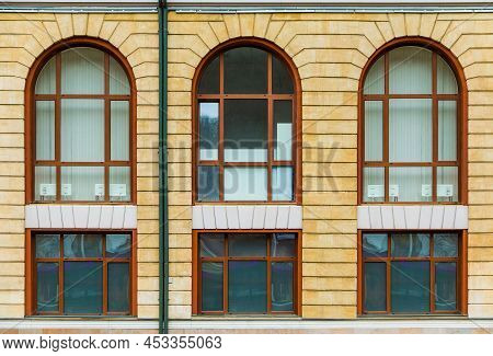 Several Windows In A Row On The Facade Of The Modern Urban Apartment Building Front View, Krasnaya P