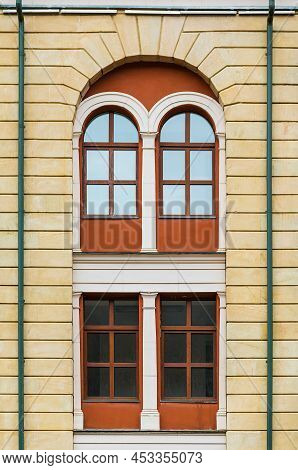 Several Windows In A Row On The Facade Of The Modern Urban Apartment Building Front View, Krasnaya P