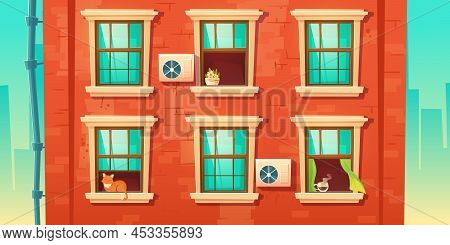 Building Facade With Brick Wall And Windows In Wooden Frames. Vector Cartoon Illustration Of House F
