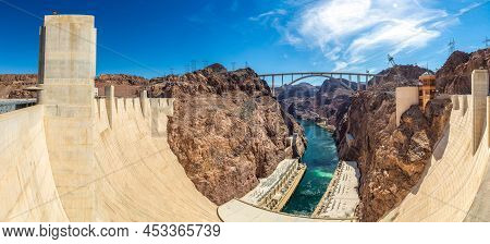 Panorama Of Mike O'callaghan-pat Tillman Memorial Bridge In Colorado River At Nevada And Arizona Bor