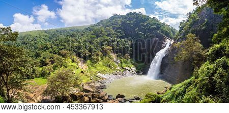 Panorama Of  Dunhinda Waterfall In A Sunny Day In Sri Lanka