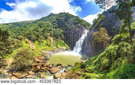 Panorama Of  Dunhinda Waterfall In A Sunny Day In Sri Lanka