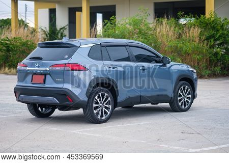 Bangkok, Thailand - April 23, 2022 : Private New Toyota Corolla Cross, Celestite Gray Metallic. The 