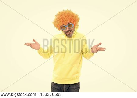 Here I Am. Funky Man. Bearded Man Wear Sunglasses With Orange Wig. Party Look