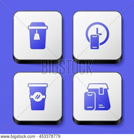 Set Cup Of Tea, Round The Clock Delivery, Coffee Cup To Go And Online Ordering Food Icon. White Squa
