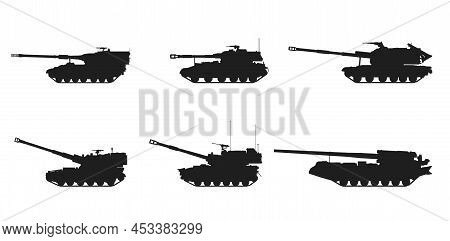 Self-propelled Howitzer Set. Army Artillery Systems. Vector Icons For Military Iweb Design