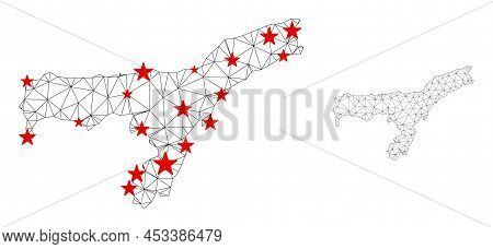 Polygonal Mesh Assam State Map With Red Star Centers. Abstract Mesh Connected Lines And Stars Form A