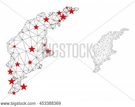 Polygonal Mesh Gotland Island Map With Red Star Centers. Abstract Mesh Connected Lines And Stars For