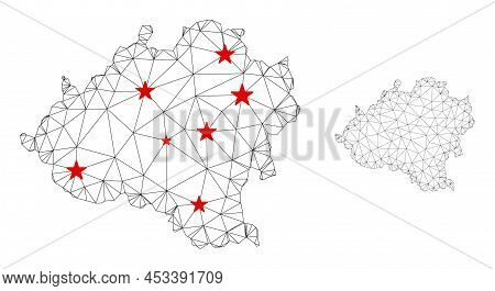 Polygonal Mesh Soria Province Map With Red Star Centers. Abstract Mesh Connected Lines And Stars For