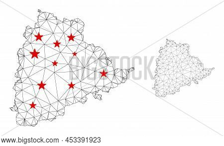 Polygonal Mesh Telangana State Map With Red Star Centers. Abstract Mesh Connected Lines And Stars Fo