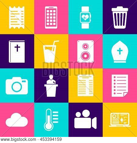 Set Medical Clinical Record, Document, Pope Hat, Smart Watch Heart Beat Rate, Glass With Water And H