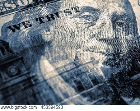 American Paper Money. 100 Dollar Bill With Portrait Of Benjamin Franklin In Focus. Us Banknote Close