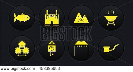 Set Wooden Barrels, Barbecue Grill, Retro Wall Watch, Camping Tent, Mountains, Lederhosen, Smoking P