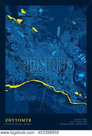 Town Zhytomyr Ukraine Vector Poster Highly Detailed Map In Patriotic National Yellow Blue Flag Color