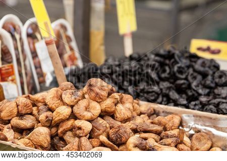 Selective Blur On Dried Figs For Sale For Sale On A Market In Belgrade, Serbia Piled On A Stall In A
