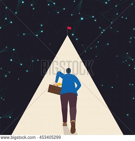 Concept Self Growth, Achievement Of Career Goals And Success. Businessman Moving Towards The Goal On