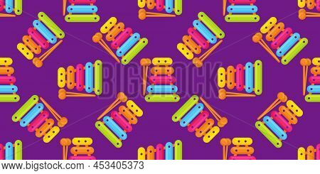 Kids Toy Xylophone Seamless Pattern, Multicolored Percussion Musical Instrument On Background