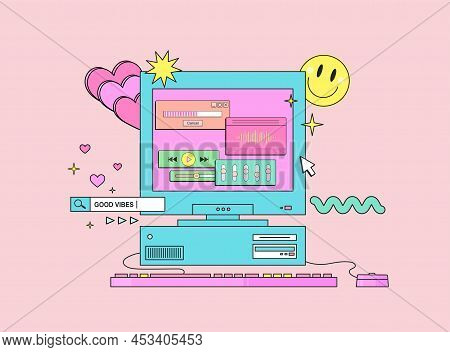 Pc With Monitor Keyboard And Mouse In Retro Style. Computer With Musical User Interface Elements.