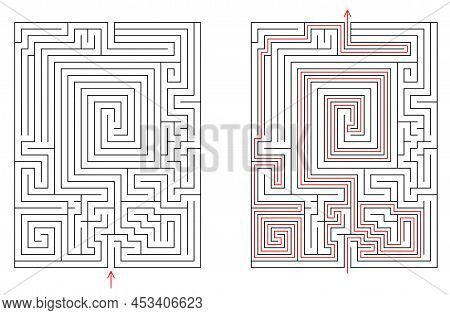 Vector Rectangular Labyrinth With Entry And Exit. Difficulty Level - Hard. Maze With Solution - Red 