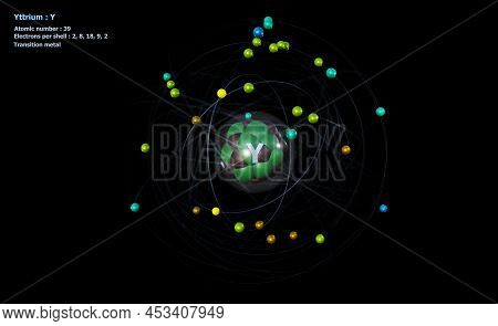 3d Illustration Of Atom Of Yttrium With Core And 39 Electrons With A Black Background