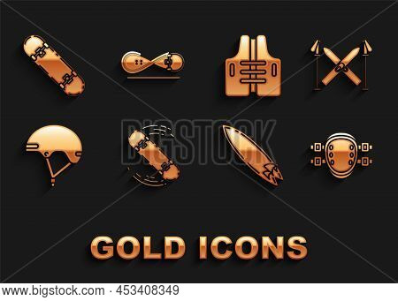 Set Skateboard Trick, Ski And Sticks, Knee Pads, Surfboard, Helmet, Life Jacket, And Icon. Vector