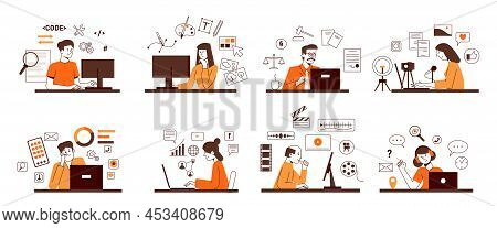 A Set Of Concepts For Freelancers And People Working Remotely. Programmer, Illustrator, Lawyer, Blog