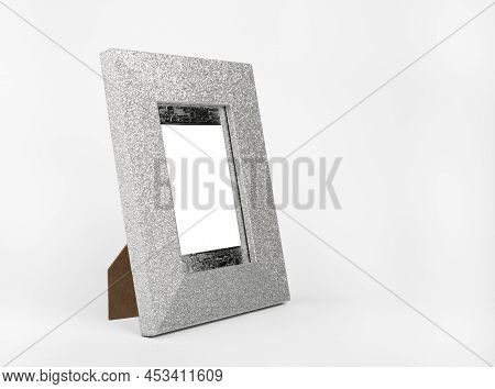 Blank Shining Silver Picture Frame With Clipping Path On White Background.