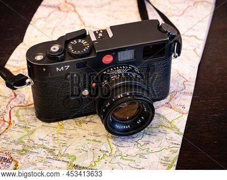 Wetzlar, Germany - January 5 2020: Leica M7 Analog Photo Camera In Black Finish With 50 Mm Summicron
