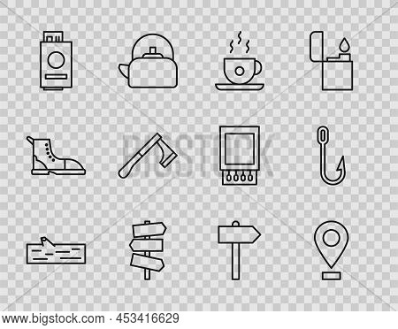 Set Line Wooden Log, Location, Coffee Cup, Road Traffic Signpost, Passport With Ticket, Axe, And Fis