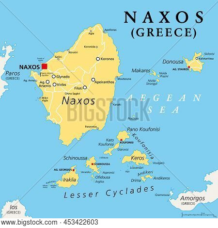Naxos And Lesser Cyclades, Greek Islands, Political Map. Island Group In The Aegean Sea, And Part Of