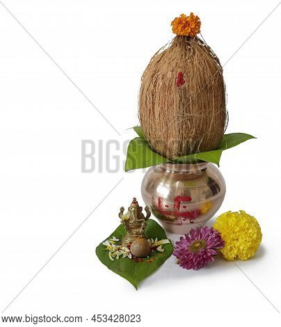 Kalash Pujan Ganesha Pujan Indian Festival Akshaya Tritiya Decorative Kalash With Coconut And Leaf W