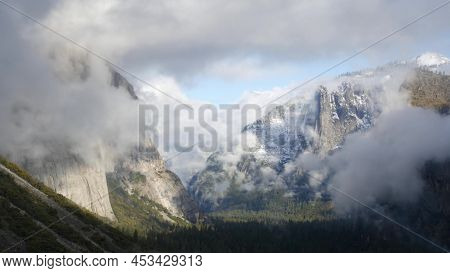 Foggy Mountain, Bare Cliff Or Rocks, Misty Autumn Weather, Yosemite Valley, California Usa. Scenic C