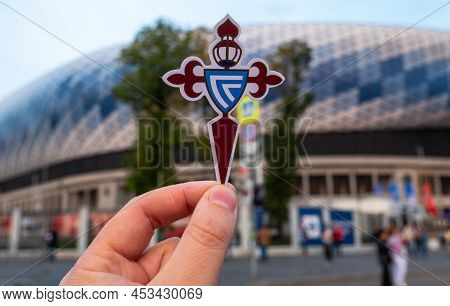 September 12, 2021, Vigo, Spain. The Emblem Of The Rc Celta De Vigo Football Club Against The Backgr