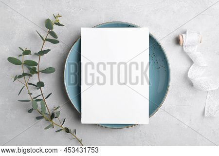 Wedding Stationery Invitation Card Mockup 5x7 On Grey Background With Eucalyptus, Menu Card Mockup W
