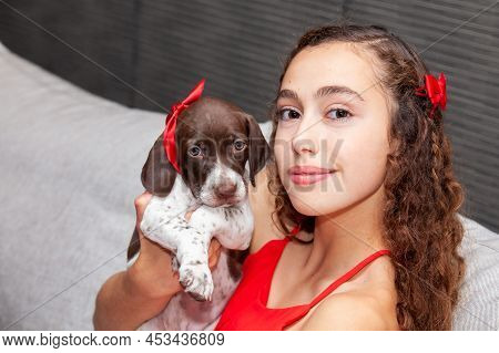 Beautiful Young Girl Dressed In Red With Her Small French Braque Puppy