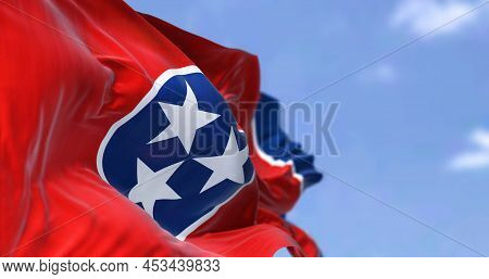 The Us State Flag Of Tennessee Waving In The Wind. Tennessee Is A State In The Southeastern Region O