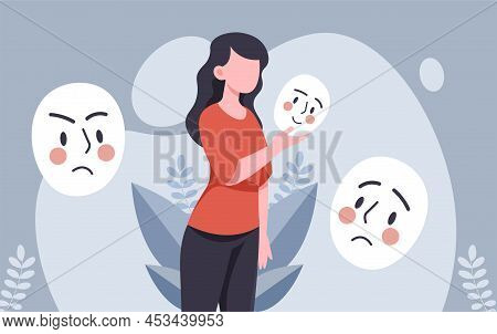Woman With Fake Masks. Pretense And Deception, Character With Psychological And Mental Problems. Lie