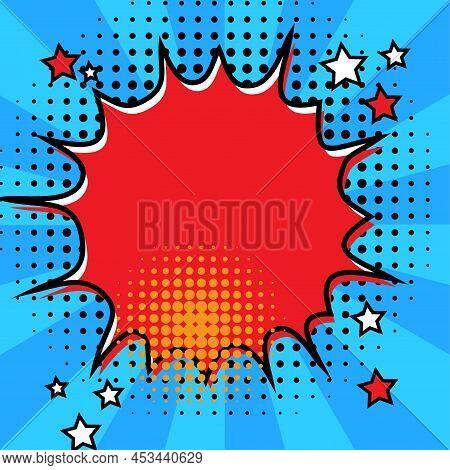 Cartoon Red Explosion In Cartoon Style On Blue Background. Retro Style. Vector Illustration. Stock I