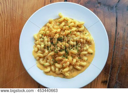 Gourmet Macaroni And Cheese Made With Cavatappi Pasta. 
A Chef Prepared Bowl Of Gourmet Cavatappi Ma