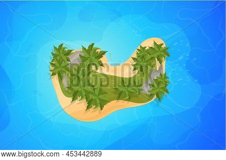 Tropical Island Top View, Resort With Palm Trees, Sand And Waves In Cartoon Style Isolated On White 