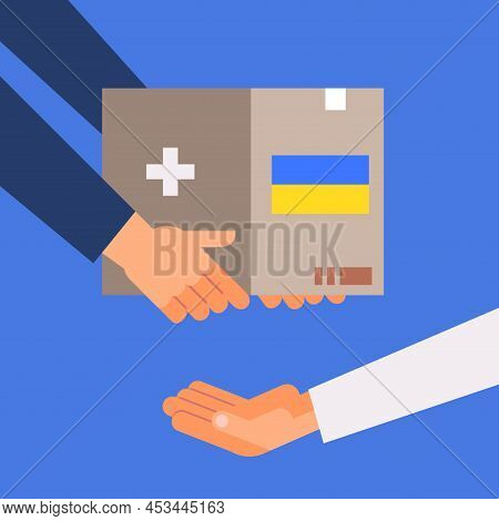 Volunteer Giving Help Box With Ukrainian Flag To Refugee Humanitarian Aid Material Assistance Govern