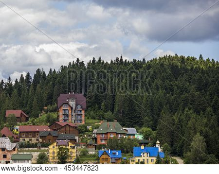 Some Cottages And Unfinished Houses On The Hill Near The Spruse Forest In Carpathians, Lviv Region, 