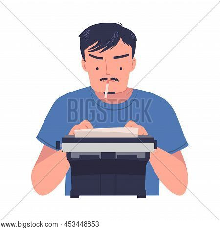 Man Writer Character At Typewriter With Cigarette Writing Book Engaged In Creative Literary Work Vec