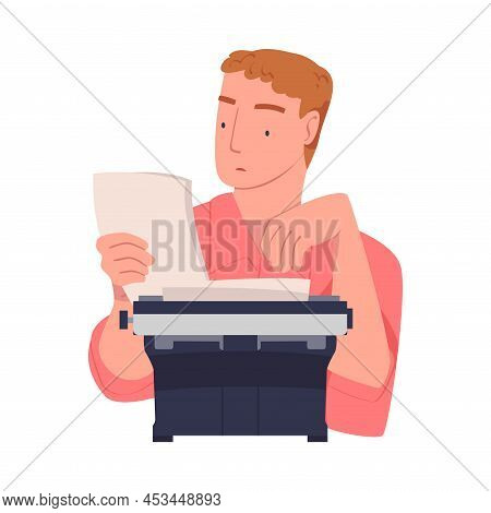 Man Writer Character At Typewriter Writing Book Engaged In Creative Literary Work Vector Illustratio