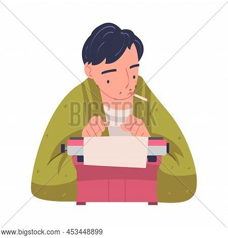Man Writer Character At Typewriter Writing Book Engaged In Creative Literary Work Vector Illustratio